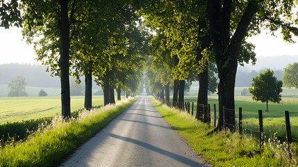 Obraz premium Lined Country Road Through Green Lush Trees With Sunlight Casting Shadows Across Pathway