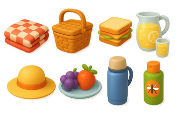 Picnic essentials in 3d icons. blanket, basket, food, and more visualized in fun graphics