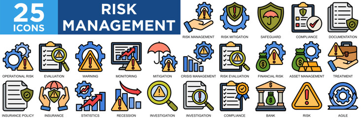 risk management, strategy, management, business, risk, financial, icon set. Outline icons collection. Simple vector illustration