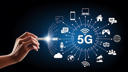 A hand holding a stylus interacts with a digital visualization of a 5G network.
