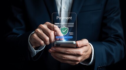 Close-up of a person in a suit, interacting with a digital payment form on a smartphone.