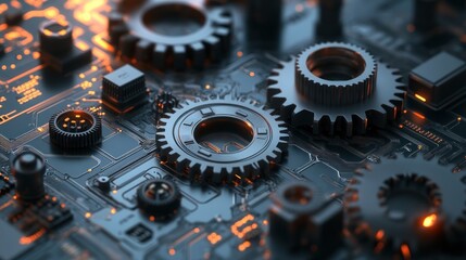 Interconnected gears and circuit board.  Complex mechanism