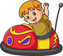 a young boy riding a bumper car