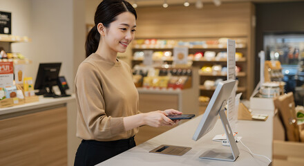 Woman making touch payment with smartphone, AI generated