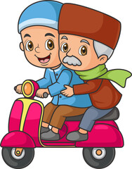 An young man and elderly man a scooter