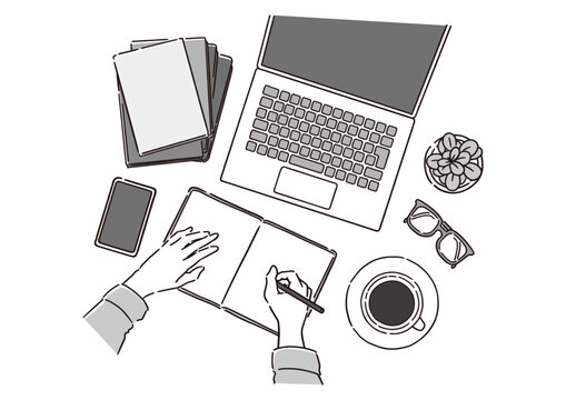 俯瞰で見るデスクと作業風景のイラスト - リモートワーク、学習、執筆など多様なシーンに