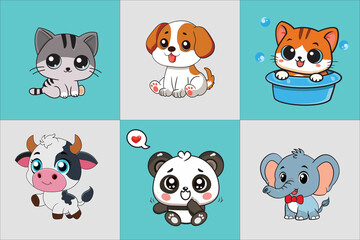 Cute Cartoon Animal Collection – Kawaii Pandas, elephant and Kittens, perfect for children's illustrations, stickers, greeting cards, digital prints
