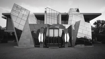 Unique architectural design of a building with glass facade and geometric forms, creating a modern and artistic appearance in black and white.