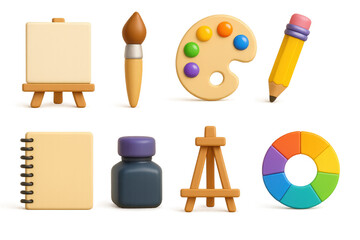 Essential art supplies. 3d icons: easel, brush, palette, pencil, notebook, ink, color wheel