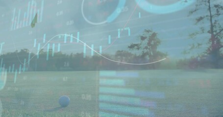 Golf ball on course with financial data processing animation over landscape - Powered by Adobe