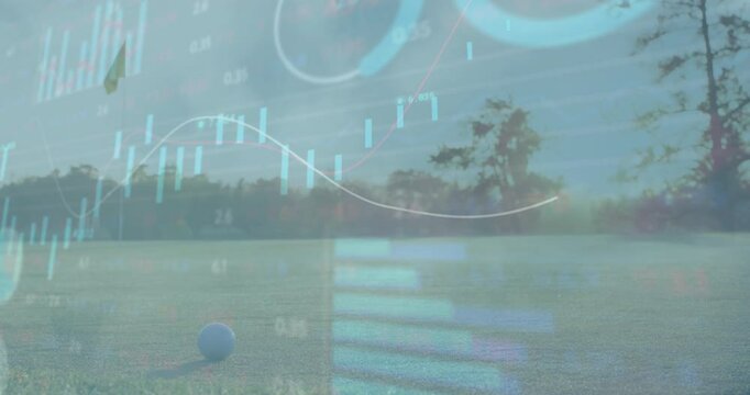 Golf ball on course with financial data processing animation over landscape - Powered by Adobe