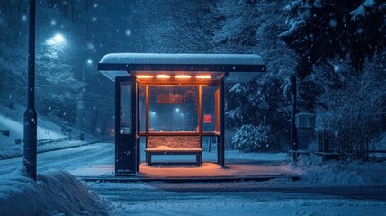 A bus stop illuminated during a heavy snowfall in a winter scene