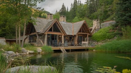 Fototapeta premium Lakeside Cabin: A rustic retreat with a stone exterior, timber frame, and inviting outdoor deck overlooking a calm, lush-green pond.