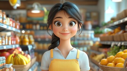 3d illustration, cute cartoon smiling woman at supermarket,stock photo