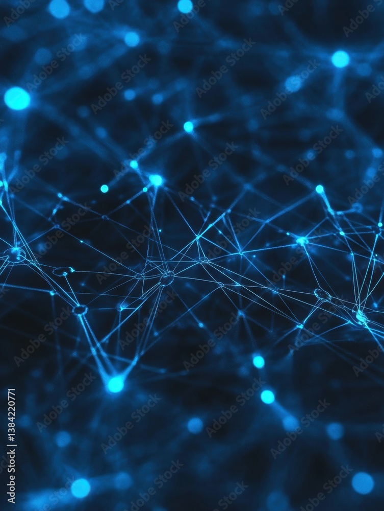 Poster Exploring a high-tech neural network pattern with deep blue glowing effects in a cyber-futuristic landscape