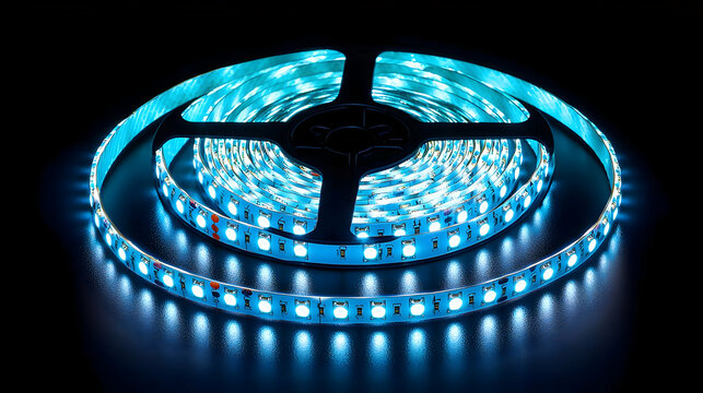 Blue And White Led Light Strip Roll On Black Background