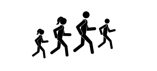 people, family running, world running day, healthy lifestyle, marathon, pictogram, flat vector illustration on white background