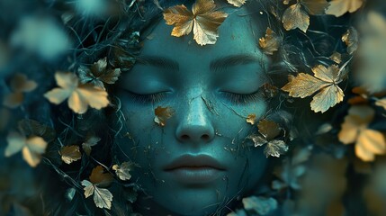 Serene Woman Face with Golden Leaves: Mystical Digital Art