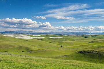 Fototapeta premium Vast Prairie Landscape Under a Bright Blue Sky with Distant Industrial Structures