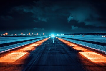 Obraz premium Airport runway with glowing lights and long exposure