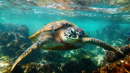 Fototapeta premium Underwater Sea Turtle Swimming Coral Reef Tropical Ocean