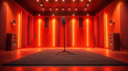 Red-lit recording studio with microphone, speakers, and acoustic panels