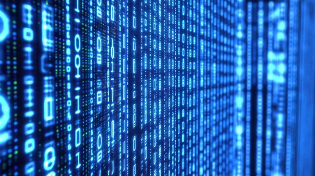 Blue binary code flowing, server room background, data stream, tech concept
