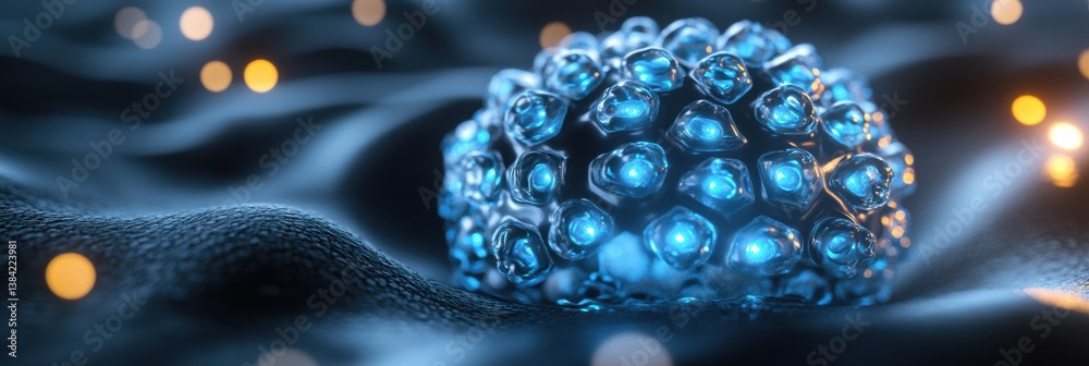 Poster Highly detailed 3D illustration of adeno-associated virus with bioluminescent glow in a fluidic environment showcasing molecular structure