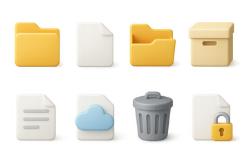 Essential 3d file management icons. folders, documents, cloud, trash, lock
