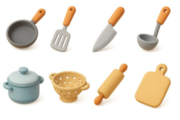 Essential kitchen utensils. 3d icons for cooking and baking needs