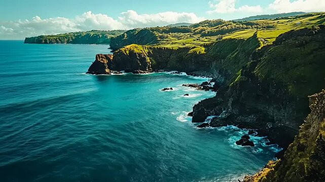 Aerial View of a Rugged Coastline with Dark Rocks and Turquoise Water