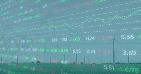 Stock market graphs and financial data over wind turbines in green field animation - Powered by Adobe