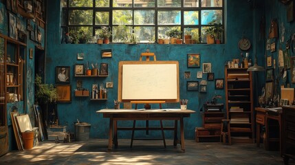 Sunlit artist's studio with blank canvas, teal walls, and eclectic decor