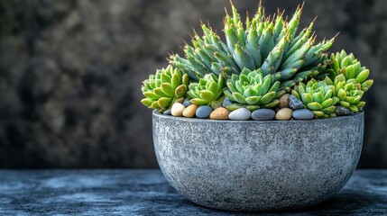 a stylish cactus and succulent arrangement in a concrete pot featuring a prickly pear cactus and haworthia adorned with natural moss and decorative stones for a desert inspired look,stock photo