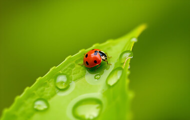Obraz premium Ladybug on a fresh leave with jungle background