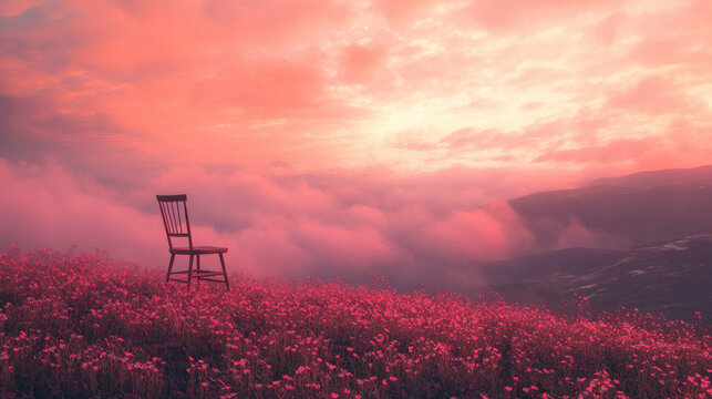 A delicate hilltop scene with a lonely chair perched among clover flowers, sunset sky alive with streaks of crimson and peach