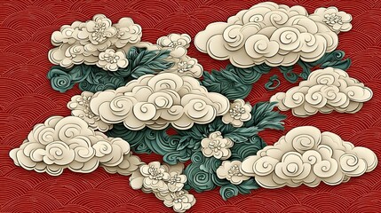 Stylized Cream and Teal Clouds and Dragon on Red Background