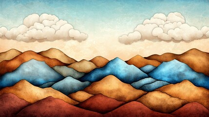 Stylized Mountain Range Landscape with Blue and Brown Hues under a Partly Cloudy Sky