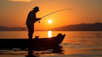 A man in a hat sits in a small boat, casting his fishing line into a calm lake at sunset. The warm colors of the sky reflect on the water, creating a peaceful atmosphere.