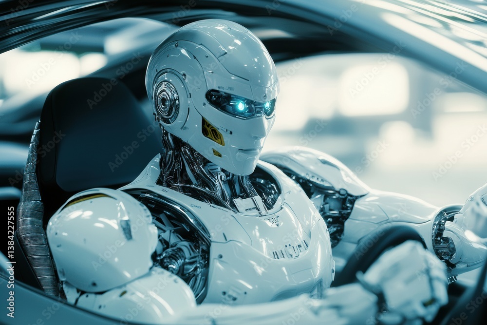 Poster highly detailed 3d-rendered robot driving a futuristic car with mechanical sophistication and realis