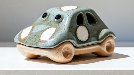 Whimsical Teal Ceramic Car Figurine with White Polka Dots