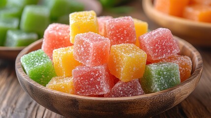 a wooden bowl filled with colorful cubed turkish delight sits on a wooden surface the vibrant green red orange and yellow sweets create an inviting and appetizing display,stock photo