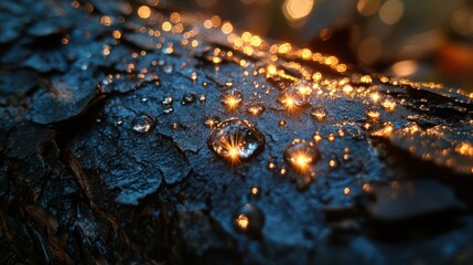 A dew-covered spider web glistens between tree branches, each droplet sparkling like a crystal in the morning light.