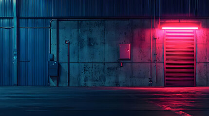 Neon Lit Industrial Warehouse Exterior at Night