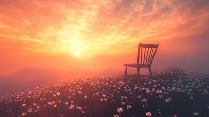 A delicate hilltop scene with a lonely chair perched among clover flowers, sunset sky alive with streaks of crimson and peach