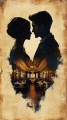 A couples silhouette before a grand hall creating an intimate moment within a luxurious setting with tables and chande