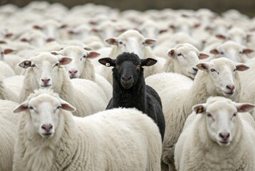 Fototapeta premium White sheep in precise formation, with a single black sheep in the middle, creating a strong visual contrast of identity, sheep contrast, symbolizing individuality-generated by ai