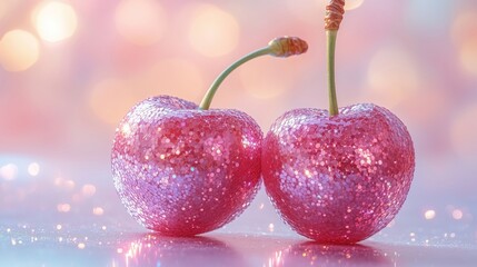 Pink Glittering Cherries with Sparkle Background