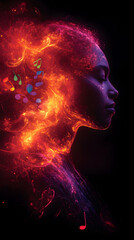 A side view of a figure with hair made of fire and music notes on a black background showcasing vibrant colors and intr