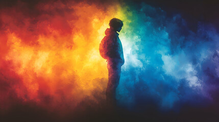 Obraz premium A silhouette of a person with a backpack standing between fiery orange and cool blue colors creating a striking contra